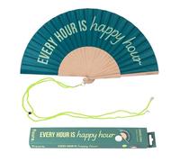 Fisura - Abanico original con mensaje “happy hour”. Abanico de madera moderno y colorido. Ventilador de mano verde. Colgador incluido. Medidas: 42,5 x 23 cm