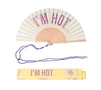 Fisura - Abanico original con mensaje “I’m hot”. Abanico de madera moderno y colorido. Ventilador de mano beige. Colgador incluido. Medidas: 42,5 x 23 cm