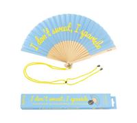 Fisura - Abanico original con mensaje “I don’t sweat”. Abanico de madera moderno y gracioso. Abanico azul. Abanico azul y amarillo. Abanico con cuelga abanico. Brilla en la oscuridad. 42,5 x 23 cm.