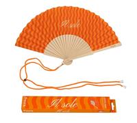 Fisura - Abanico original con mensaje “Il sole”. Abanico de madera moderno y colorido. Ventilador de mano naranja. Colgador incluido. Idea de regalo divertida. 42,5 x 23 cm