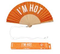Fisura - Abanico original con mensaje “I'm hot”. Abanico de madera moderno y colorido. Ventilador de mano de purpurina naranja. Colgador incluido. Idea de regalo divertida. 42,5 x 23 cm