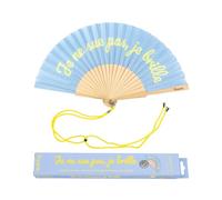 Fisura - Abanico Original con Mensaje “je ne Sue Pas”. Madera Graciosa. Azul y Amarillo. Brilla en la Oscuridad. 42,5 x 23 cm.