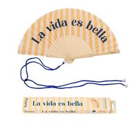 Fisura - Abanico Original con Mensaje “La Vida es Bella”. Abanico de Madera Moderno y Colorido. Ventilador de Mano Amarillo de Rayas. Colgador Incluido. Idea de Regalo Divertida. 42,5 x 23 cm
