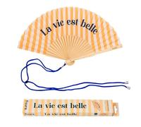 Fisura - Abanico Original con Mensaje “La Vie EST Belle. Abanico de Madera Moderno y Colorido. Ventilador de Mano Amarillo de Rayas. Colgador Incluido. Idea de Regalo Divertida. 42,5 x 23 cm
