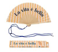 Fisura - Abanico Original con Mensaje “La Vita è Bella. Abanico de Madera Moderno y Colorido. Ventilador de Mano Amarillo de Rayas. Colgador Incluido. Idea de Regalo Divertida. 42,5 x 23 cm