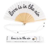 Fisura - Abanico original con mensaje “love is in the air”. Abanico para bodas. Abanico blanco y negro de madera. Abanico con cuelga abanico. 42,5 x 23 cm.