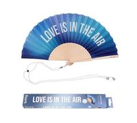 Fisura - Abanico original con mensaje “love is in the air”. Abanico para bodas de madera. Ventilador de mano azul degradado. Colgador incluido. Medidas: 42,5 x 23 cm