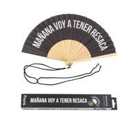 Fisura - Abanico original con mensaje “mañana voy a tener resaca”. Abanico de madera moderno y gracioso. Abanico negro. Abanico con cuelga abanico. 42,5 x 23 cm.