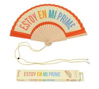 Fisura - Abanico original con mensaje “Mi prime”. Abanico de madera moderno y colorido. Ventilador de mano amarillo. Colgador incluido. Idea de regalo divertida. 42,5 x 23 cm