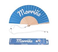 Fisura - Abanico original con mensaje “morriña”. Abanico de madera moderno y colorido. Ventilador de mano azul. Colgador incluido. Medidas: 42,5 x 23 cm