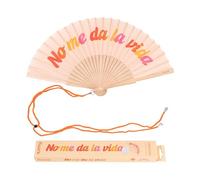 Fisura - Abanico original con mensaje “no me da la vida”. Abanico de madera moderno y colorido. Ventilador de mano naranja. Colgador incluido. Medidas: 42,5 x 23 cm