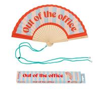 Fisura - Abanico original con mensaje “Out of the office”. Abanico de madera moderno y colorido. Ventilador de mano azul y rojo. Colgador incluido. Idea de regalo divertida. 42,5 x 23 cm