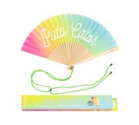 Fisura - Abanico original con mensaje “p*to calor”. Abanico de madera moderno y gracioso. Abanico arcoíris multicolor. Brilla en la oscuridad. Medidas: 42,5 x 23 cm. Madera y textil.