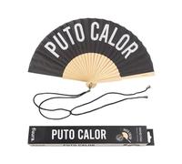 Fisura - Abanico original con mensaje “p*to calor”. Abanico de madera moderno y gracioso. Abanico negro y blanco. Abanico con cuelga abanico. 42,5 x 23 cm.