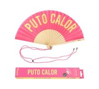 Fisura - Abanico original con mensaje “p*to calor”. Abanico de madera moderno y gracioso. Abanico rosa y amarillo. Abanico con cuelga abanico. 42,5 x 23 cm.