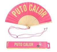 Fisura - Abanico original con mensaje “p*to calor”. Abanico de madera moderno y gracioso. Abanico rosa y amarillo. Abanico con cuelga abanico. 42,5 x 23 cm.