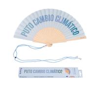 Fisura - Abanico original con mensaje “p*to cambio climático”. Abanico de madera moderno y colorido. Ventilador de mano azul. Colgador incluido. Medidas: 42,5 x 23 cm