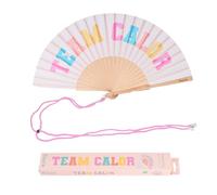 Fisura - Abanico original con mensaje “team calor”. Abanico de madera moderno y colorido. Ventilador de mano beige. Colgador incluido. Medidas: 42,5 x 23 cm