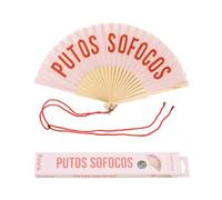 Fisura - Abanico original con mensaje “p*tos sofocos”. Abanico de madera moderno y gracioso. Abanico rosa y rojo. Abanico con cuelga abanico. 42,5 x 23 cm.