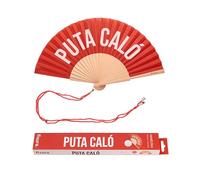 Fisura - Abanico original con mensaje “p*ta caló”. Abanico de madera moderno y colorido. Ventilador de mano rojo. Colgador incluido. Medidas: 42,5 x 23 cm
