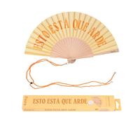 Fisura - Abanico original con mensaje “está que arde”. Abanico de madera moderno y colorido. Ventilador de mano amarillo. Colgador incluido. Medidas: 42,5 x 23 cm