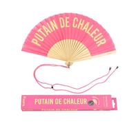 Fisura - Abanico original con mensaje “ptain de chaleur‘. Abanico de madera moderno y gracioso. Abanico rosa y amarillo. Medidas: 42,5 x 23 cm. Madera y textil.ACA23114