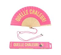 Fisura - Abanico Original con Mensaje 'Quelle Chaleur' de Madera Moderno y Gracioso en Rosa y Amarillo con Cuelga. 42,5 x 23 cm