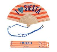Fisura - Abanico Original con Mensaje “Siesta”. Abanico de Madera Moderno y Colorido. Ventilador de Mano de Purpurina Naranja. Colgador Incluido. Idea de Regalo Divertida. 42,5 x 23 cm
