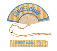 Fisura - Abanico original con mensaje “Summer club”. Abanico de madera moderno y colorido. Ventilador de mano azul y amarillo. Colgador incluido. Idea de regalo divertida. 42,5 x 23 cm