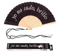 Fisura - Abanico original con mensaje “yo no subo brillo”. Abanico de madera moderno y colorido. Ventilador de mano negro. Colgador incluido. Medidas: 42,5 x 23 cm