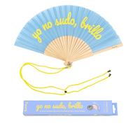 Fisura - Abanico Original con Mensaje “yo no sudo, Brillo”. Abanico de Madera Gracioso. Abanico Azul y Amarillo. Brilla en la Oscuridad. Abanico con cuelga Abanico. 42,5 x 23 cm.
