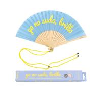 Fisura - Abanico Original con Mensaje “yo no sudo, Brillo”. Abanico de Madera Gracioso. Abanico Azul y Amarillo. Brilla en la Oscuridad. Abanico con cuelga Abanico. 42,5 x 23 cm.