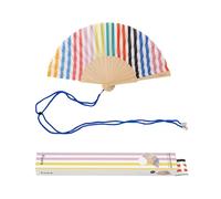 Fisura - Abanico original de rayas multicolor. Abanico de madera moderno y colorido. Ventilador de mano mini rosa. Colgador incluido. Medidas: 34,5 cm x 23 cm