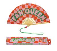 Fisura - Abanico original XXL con mensaje “fan queen”. Abanico para festivales grande de madera moderno y colorido. Ventilador de mano rojo y rosa. Colgador incluido. Medidas: 64 x 33 cm.