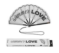 Fisura - Abanico original XXL con mensaje “Summer love”. Abanico para festivales grande de madera moderno y colorido. Ventilador de mano blanco. Colgador incluido. Medidas: 64 x 33 cm.