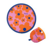 Fisura - Abanico redondo plegable “Flores”. Ventilador de mano plegable original. Frisbee flores rosa y naranja. 1 unidad. Abanico portátil para fiestas. 20 cm.