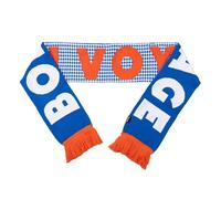 Fisura - Bufanda mujer invierno azul y naranja con mensaje “Bon voyage” Bufanda original reversible grande, suave, cálida y ligera. Con flecos. 150 cm. Accesorio de invierno.