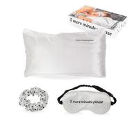 Fisura - Kit de dormir “5 more minutes”. Incluye: Funda de almohada de satén 50x70 cm, coletero suave de satén y antifaz de dormir. Regalo original para mujer