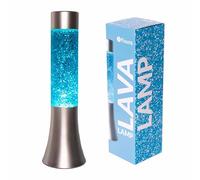 Fisura - Lámpara de lava azul purpurina. Lámpara de lava de 30 cm con base cromada, líquido azul y purpurina. 9 x 9 x 30 cm.