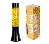Fisura - Lámpara de lava dorada. Lámpara de lava de 30 cm con base negra, líquido transparente y estrellas doradas. Lámpara efecto relajante. 9x9x30 cm