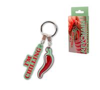 Fisura - Llavero de metal original con figura chile y mensaje “i'm chilling”. Llavero de mujer verde y rojo. Regalo para mujer en Dia de la madre o cumpleaños.