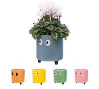 Fisura - Macetero original con diseño de ojos. Macetero decorativo interior. Macetero con patas para cactus. Maceta de cerámica para flores y suculentas.13 x 12,5 cm. (Azul)