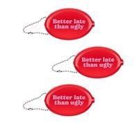 Fisura - Monedero de Goma Ovalado “Better Late” Rosa. Monedero Retro con Cadena. Cartera pequeña para Bolsillo. Cartera Unisex para Regalo. 3 Unidades.