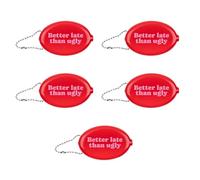 Fisura - Monedero de Goma Ovalado “Better Late” Rosa. Monedero Retro con Cadena. Cartera pequeña para Bolsillo. Cartera Unisex para Regalo. 5 Unidades.