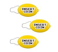 Fisura - Monedero de Goma Ovalado “Insert Coin” Amarillo. Monedero Retro con Cadena. Cartera pequeña para Bolsillo. Cartera Unisex para Regalo. 3 Unidades.