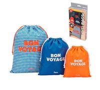 Fisura - Pack 3 bolsas de viaje originales “Bon voyage”. Bolsa de ropa sucia para viajes con cordón. Organizador para maletas azul naranja. Juego de bolsas de almacenamiento para equipaje. 6L, 4L, 2L.
