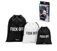 Fisura - Pack 3 bolsas de viaje originales “Fuck off”. Bolsa de ropa sucia para viajes con cordón. Organizador para maletas negro. Juego de bolsas de almacenamiento para equipaje. 6L, 4L, 2L.