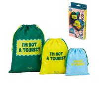 Fisura - Pack 3 bolsas de viaje originales “I’m not a tourist”. Bolsa de ropa sucia para viajes con cordón. Organizador para maletas verde. Juego de bolsas de almacenamiento para equipaje. 6L, 4L, 2L.