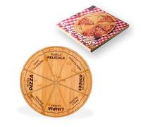 Fisura - Plato pizza original. Plato para pizza con mensajes divertidos en español. Tabla redonda con porciones uniformes de madera de bambú. 35 centímetros