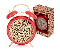 Fisura - Reloj Despertador analógico sin Tic-TAC Rojo con Estampado de Leopardo. Reloj Despertador con luz de Led Nocturna. Alarma con Mensaje Better Late Than Ugly. 11,7x5,5x16 cm. Metal. 1 Pila AA